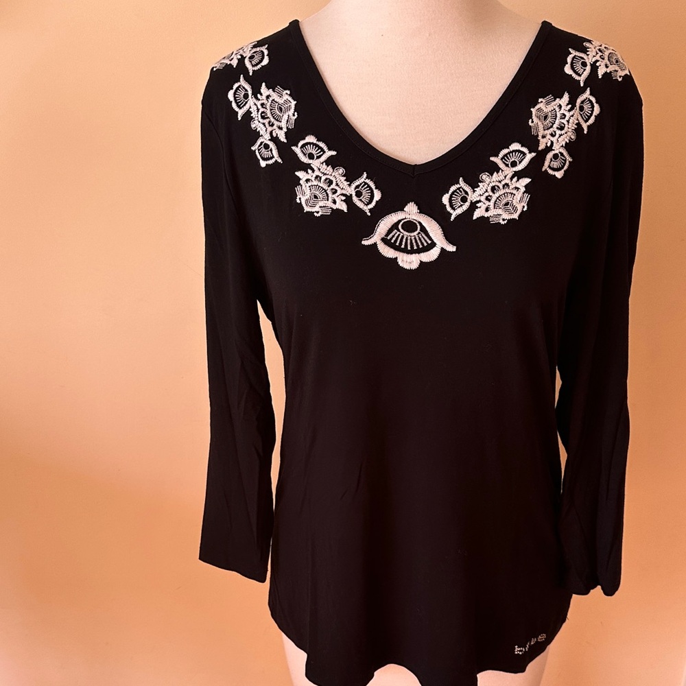 Bebe Black Top with White Embroidery